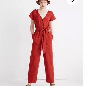 Madewell Linen-Cotton Pleat-Sleeve Jumpsuit in Dark Cinnabar